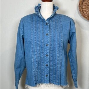 Vintage Upcycled Denim Cowgirl Ruffle Western Pleated Front Button Up Size Med